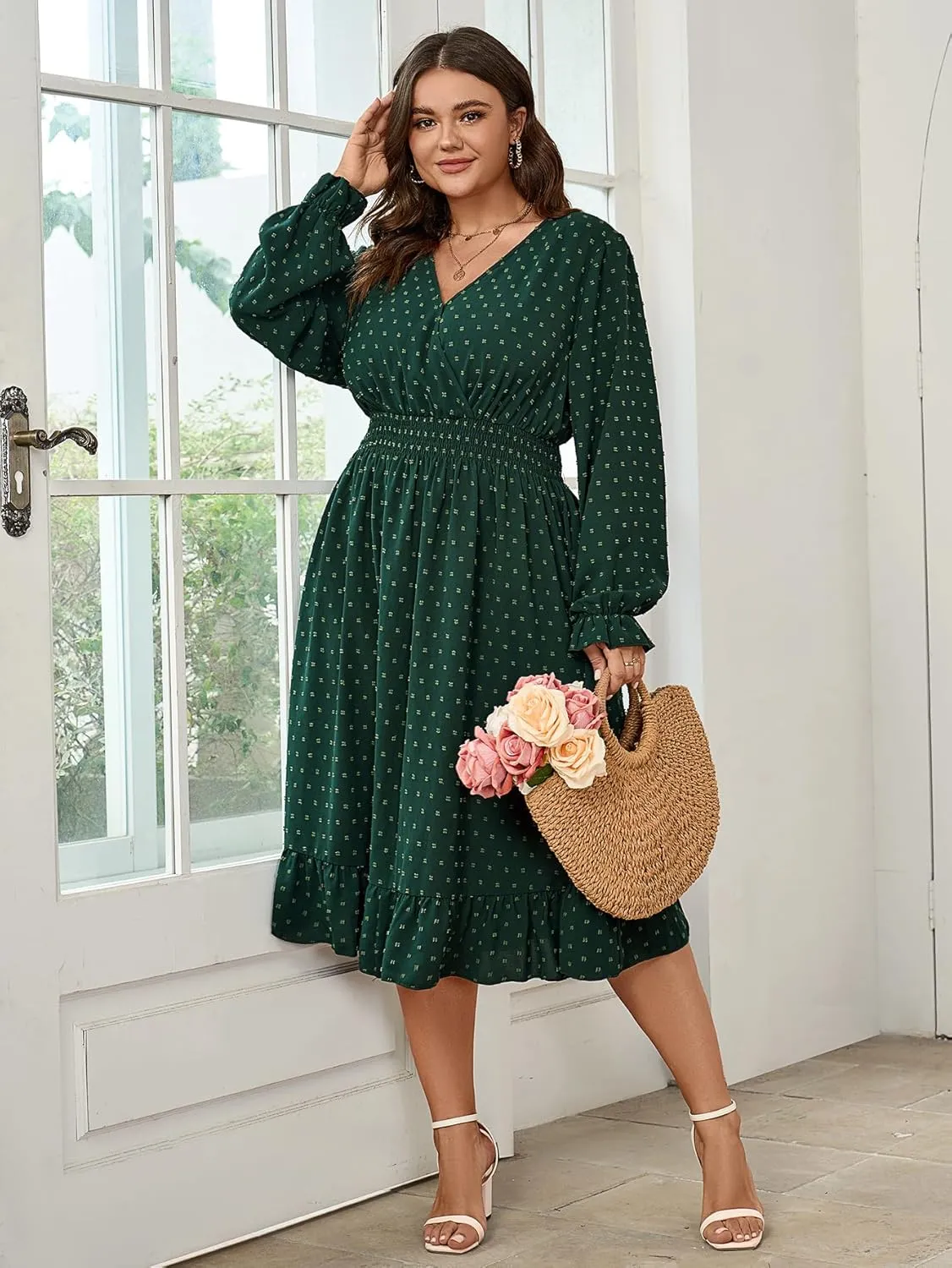 Women's Plus Size Fall Dress Long Sleeve V Neck Smocked Swiss Dot Flowy High Waisted A Line Ruffle Midi Dress