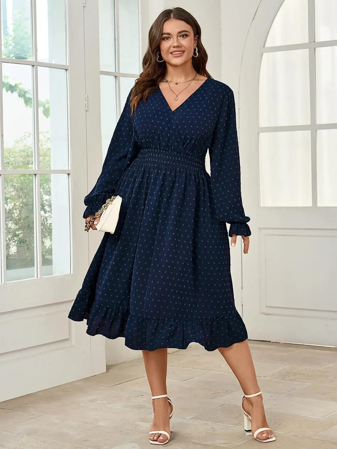 Women's Plus Size Fall Dress Long Sleeve V Neck Smocked Swiss Dot Flowy High Waisted A Line Ruffle Midi Dress