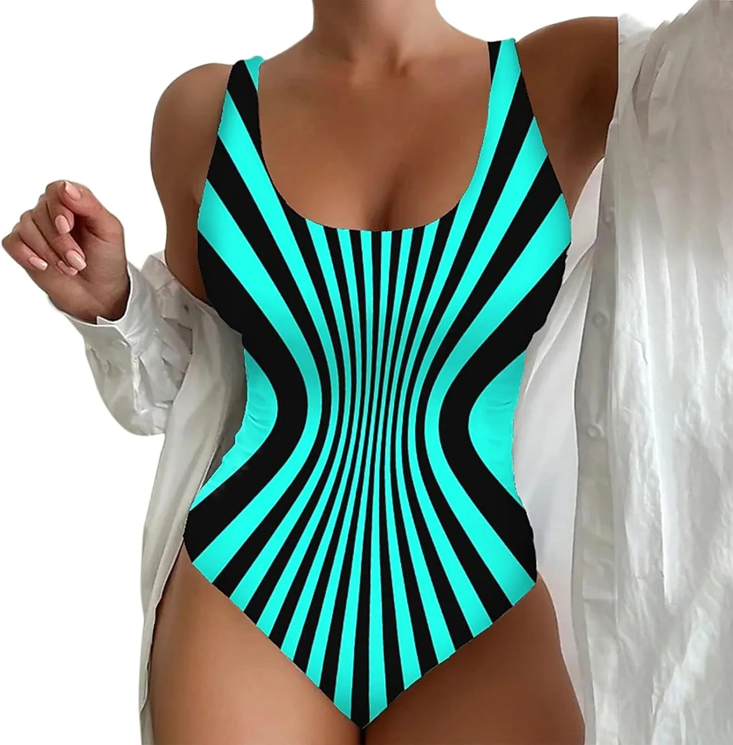 Women's Retro Scoop Neck Padded One Piece Swimsuits High Cut Low Back Bathing Suits Swimwear Bodysuit