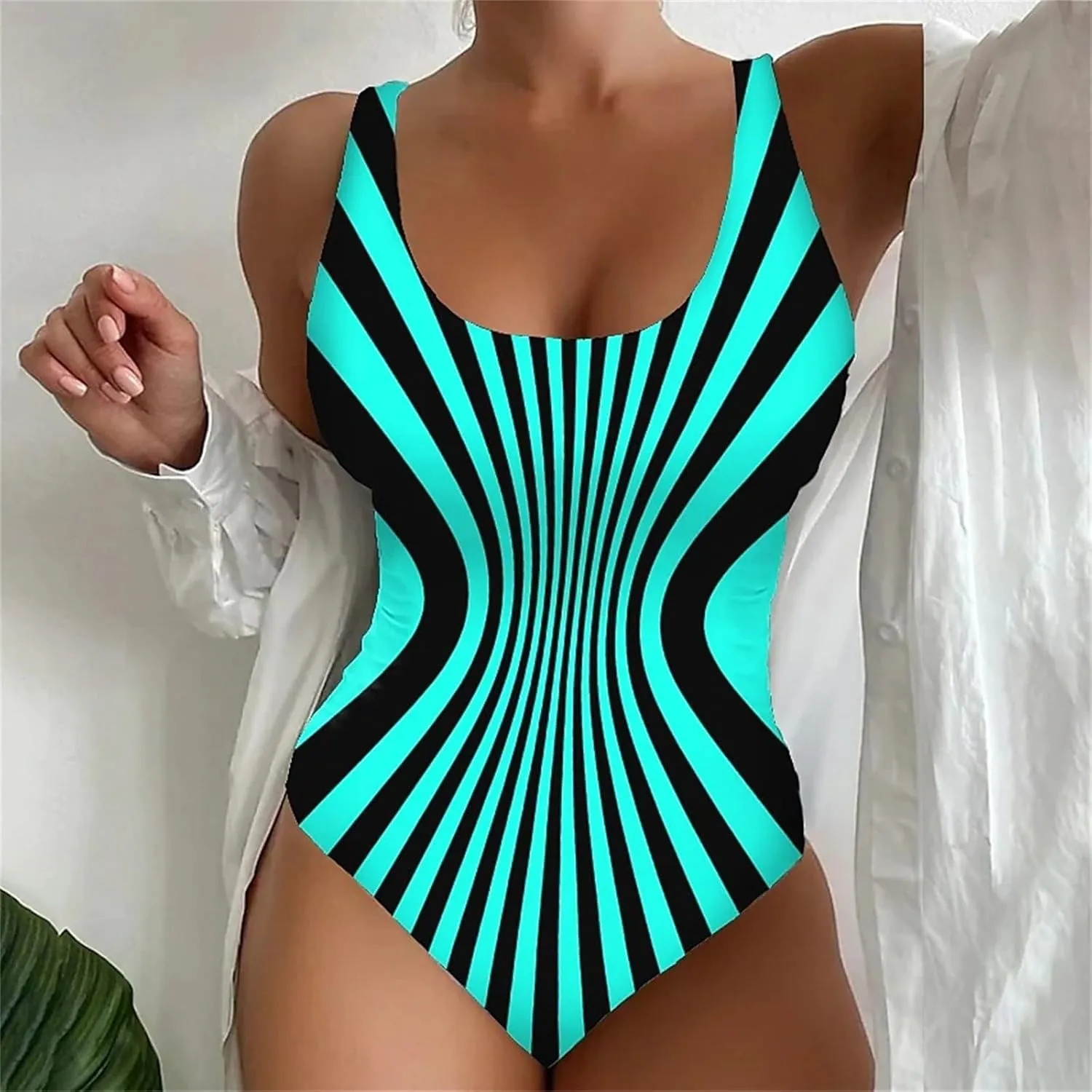 Women's Retro Scoop Neck Padded One Piece Swimsuits High Cut Low Back Bathing Suits Swimwear Bodysuit