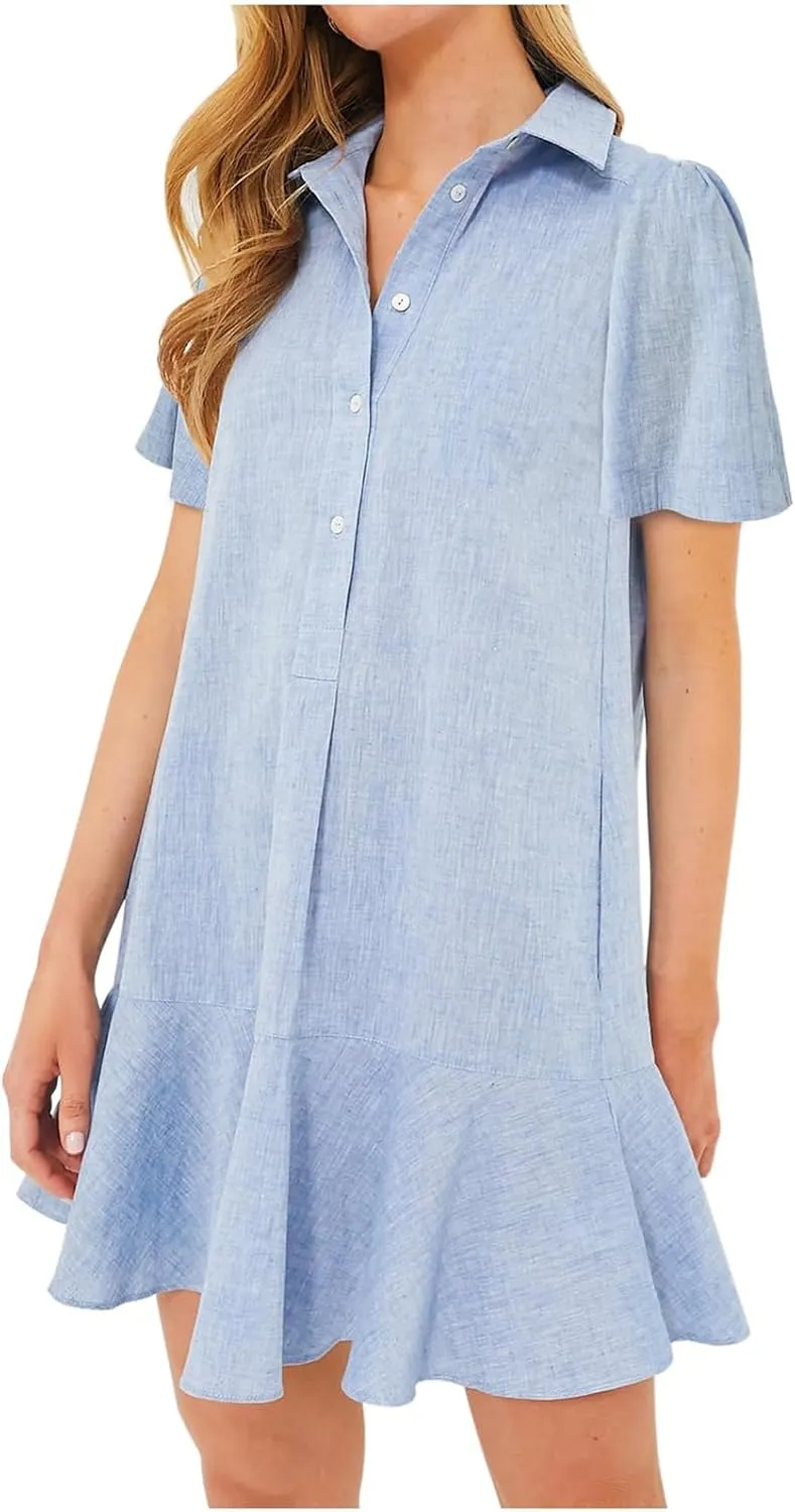 Women's Ruffle Hem Dresses Short Sleeve Lapel Shirt Mini Dress Button Down Summer Casual Loose Dresses with Pockets