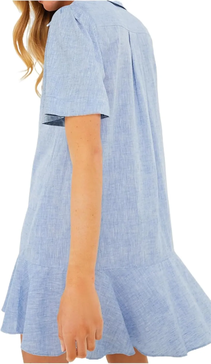 Women's Ruffle Hem Dresses Short Sleeve Lapel Shirt Mini Dress Button Down Summer Casual Loose Dresses with Pockets