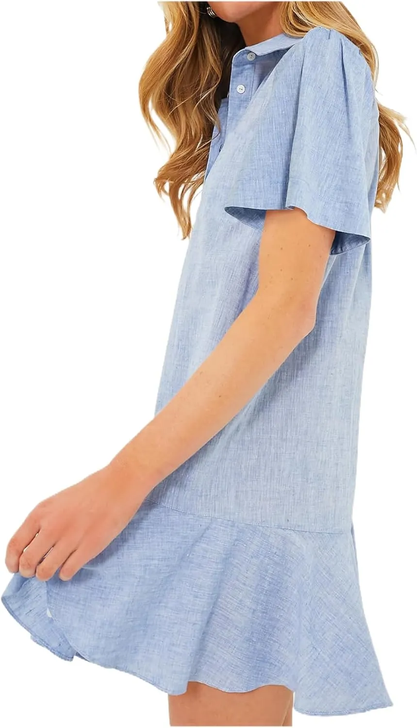 Women's Ruffle Hem Dresses Short Sleeve Lapel Shirt Mini Dress Button Down Summer Casual Loose Dresses with Pockets