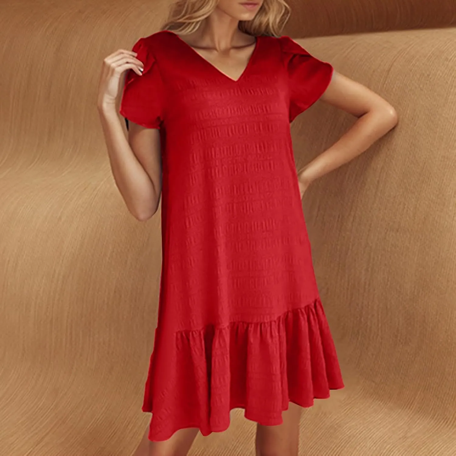 Womens Ruffle Hem Short Puff Sleeve Tank Dress V Neck Casual Smock Summer Mini Dresses Vacation Swing A Line Short Dress 2025
