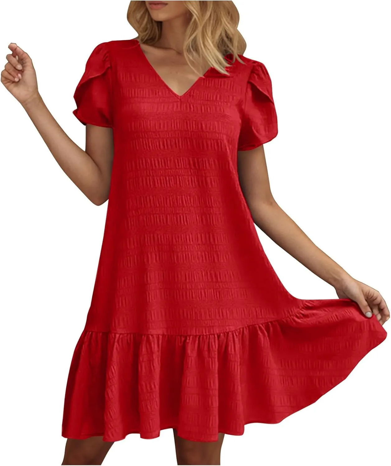 Womens Ruffle Hem Short Puff Sleeve Tank Dress V Neck Casual Smock Summer Mini Dresses Vacation Swing A Line Short Dress 2025