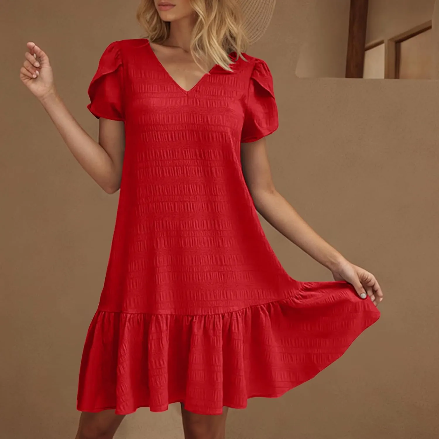 Womens Ruffle Hem Short Puff Sleeve Tank Dress V Neck Casual Smock Summer Mini Dresses Vacation Swing A Line Short Dress 2025