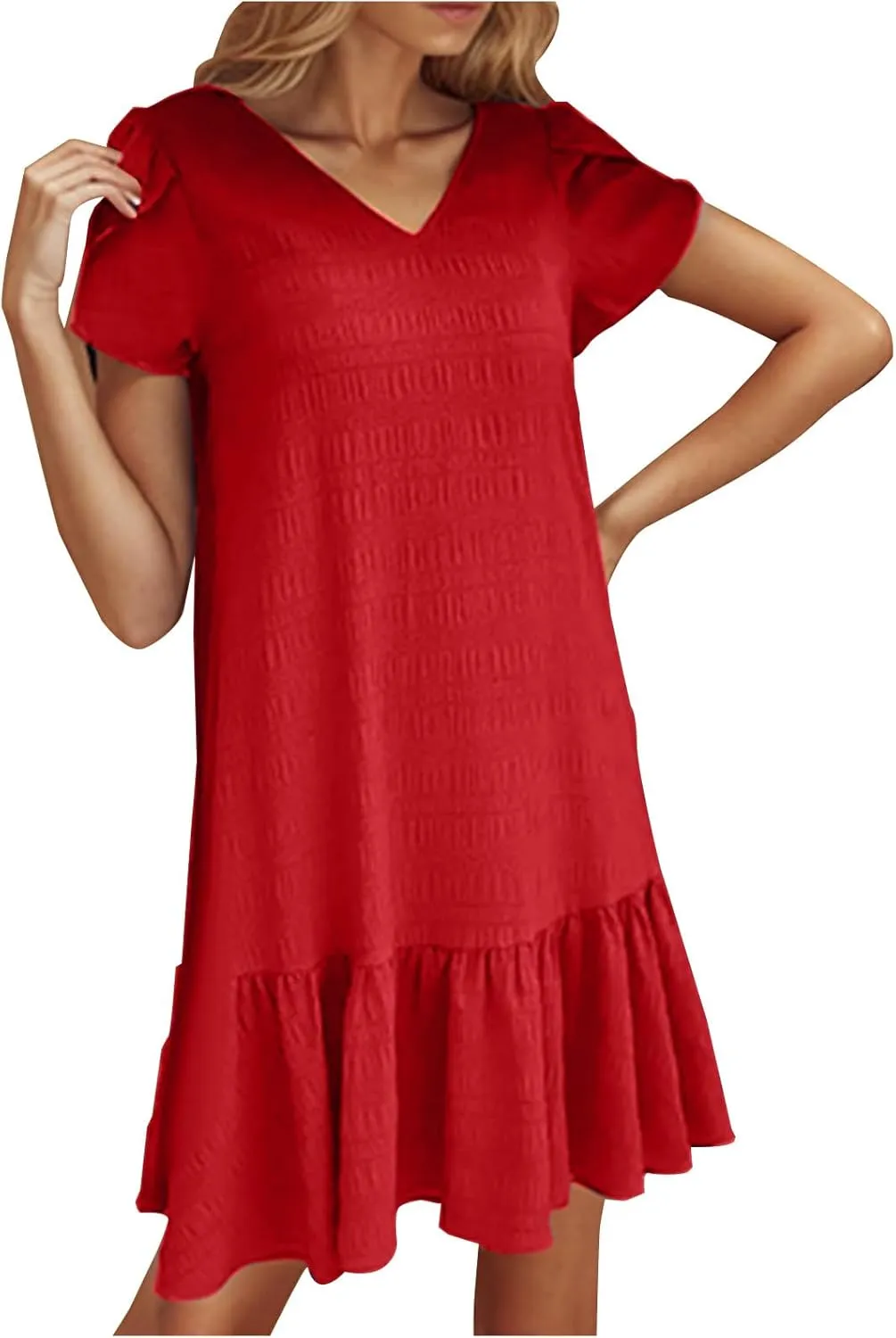 Womens Ruffle Hem Short Puff Sleeve Tank Dress V Neck Casual Smock Summer Mini Dresses Vacation Swing A Line Short Dress 2025