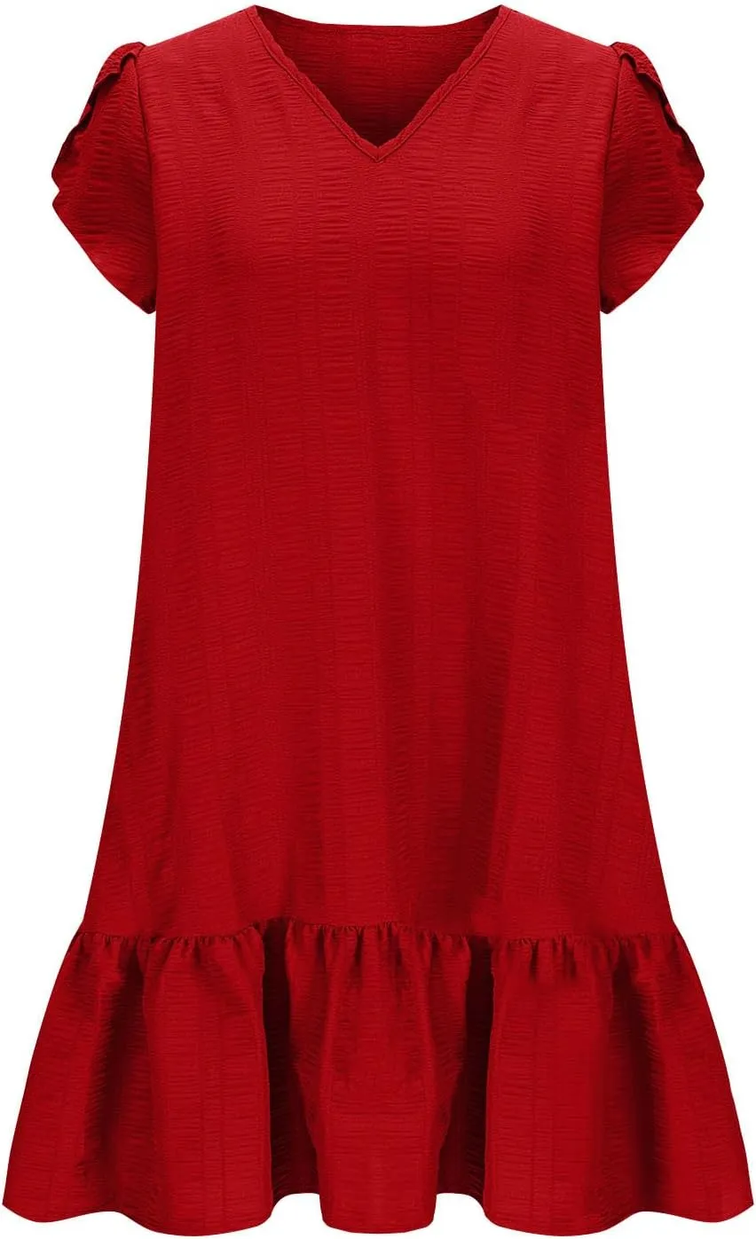 Womens Ruffle Hem Short Puff Sleeve Tank Dress V Neck Casual Smock Summer Mini Dresses Vacation Swing A Line Short Dress 2025