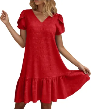 Womens Ruffle Hem Short Puff Sleeve Tank Dress V Neck Casual Smock Summer Mini Dresses Vacation Swing A Line Short Dress 2025