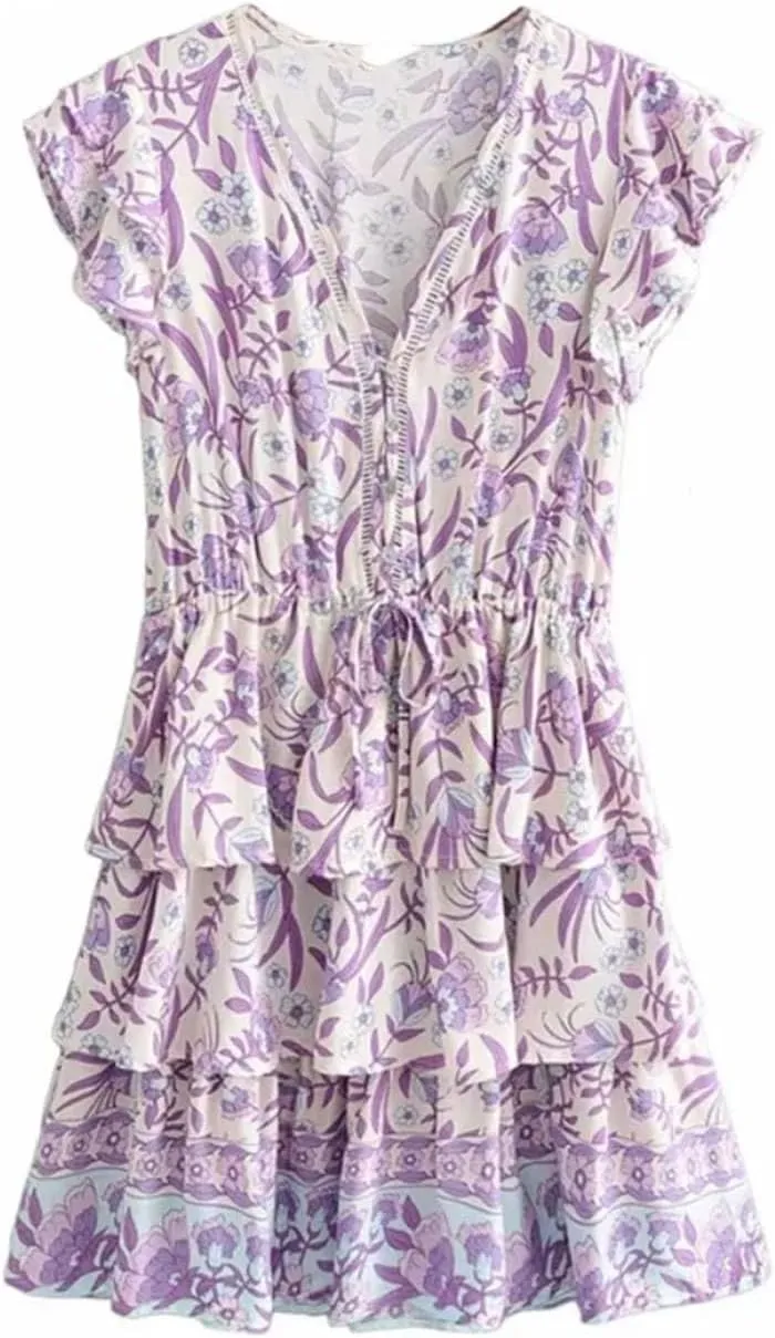 WomenS Ruffles Sleeve Floral Print Beach Bohemian Mini Dresses Ladies Vacation Boho Dress Robe