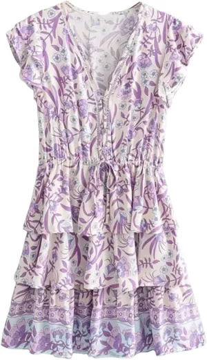 WomenS Ruffles Sleeve Floral Print Beach Bohemian Mini Dresses Ladies Vacation Boho Dress Robe