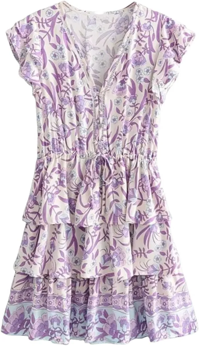 WomenS Ruffles Sleeve Floral Print Beach Bohemian Mini Dresses Ladies Vacation Boho Dress Robe