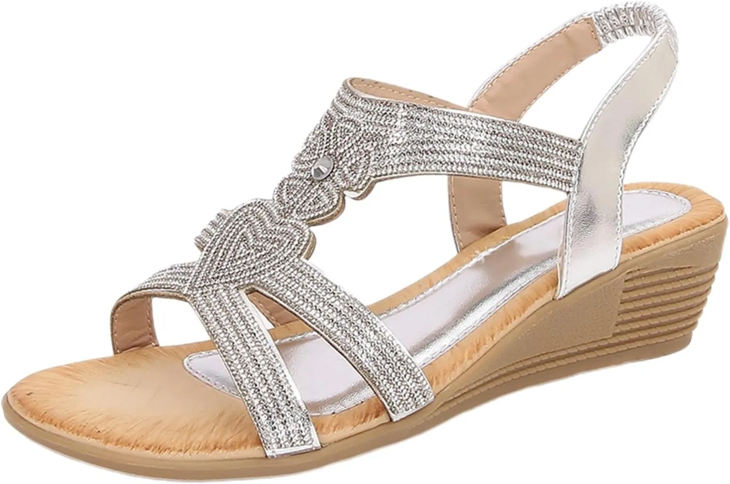 Womens Sandal Bohemia Glitter Love Pattern Flats Open Toe Ankle Strap Beach Sandal Comfortable Summer Dress Shoes