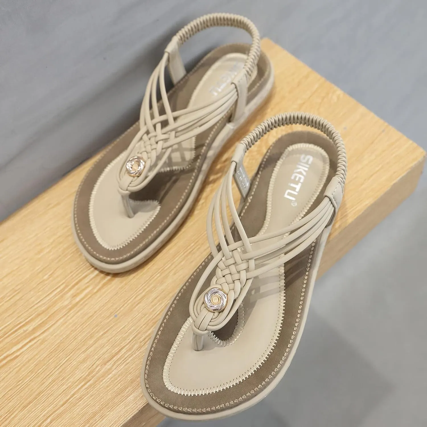 Women's Sandal T-Strap Flat Flats Glitter Thong Flip Flops Elastic Ankle Strap Dress Shoes Summer Open Toe Sandal
