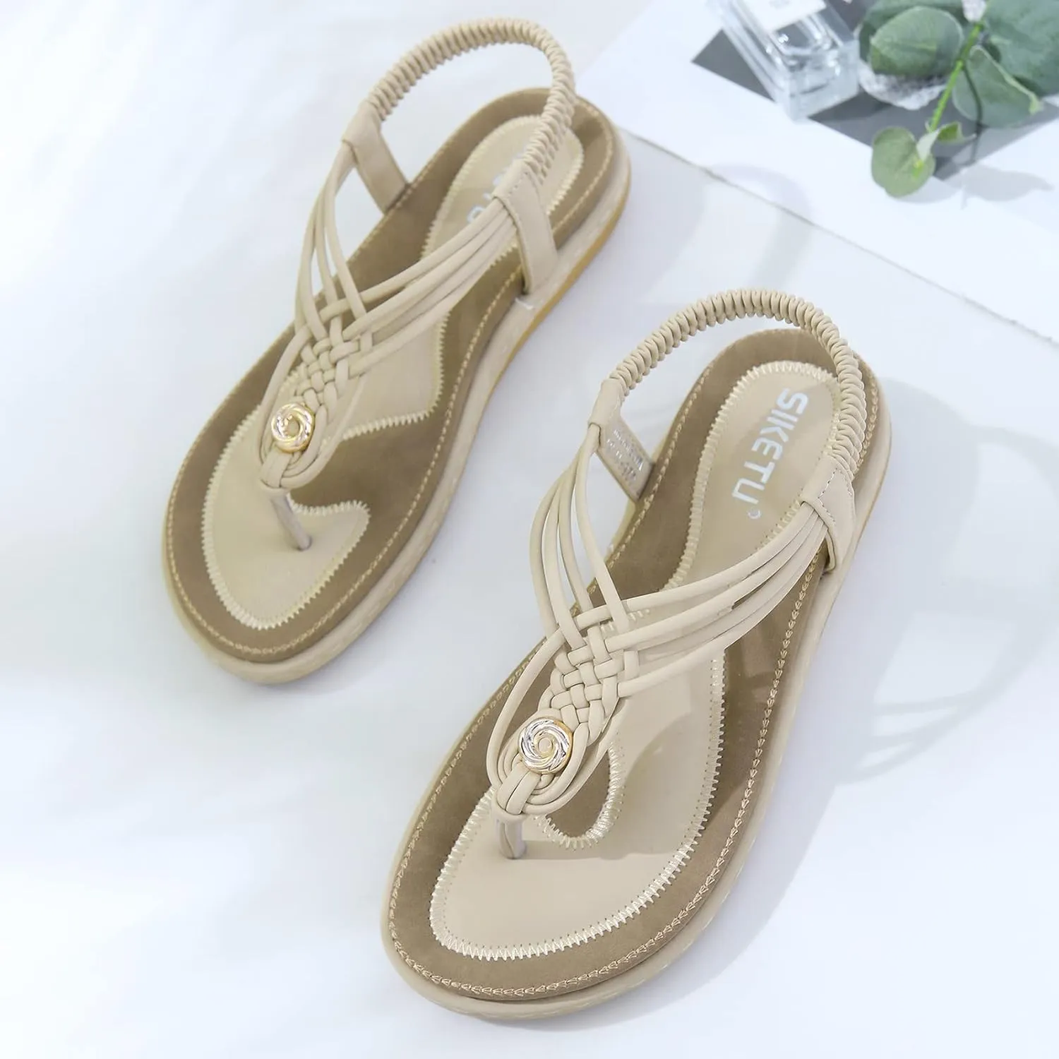 Women's Sandal T-Strap Flat Flats Glitter Thong Flip Flops Elastic Ankle Strap Dress Shoes Summer Open Toe Sandal