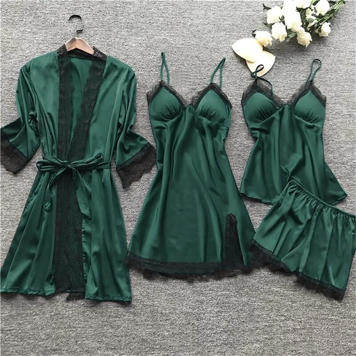 Women's Satin Pajama Set 4Pcs Lace Trim Cami Top Shorts Nightgown Sleepwear Sets Sexy Satin Pjs 4 Pieces with Robe