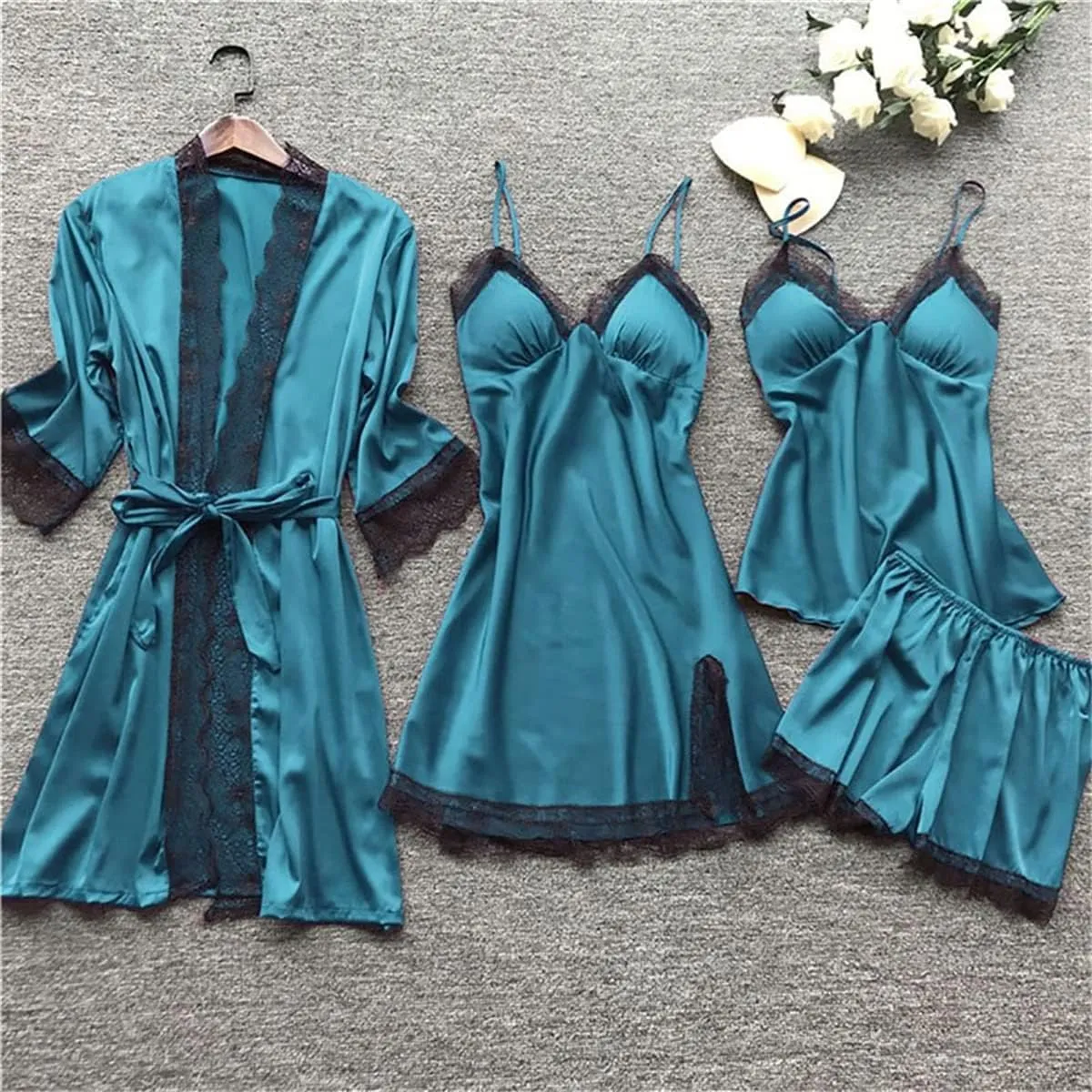 Women's Satin Pajama Set 4Pcs Lace Trim Cami Top Shorts Nightgown Sleepwear Sets Sexy Satin Pjs 4 Pieces with Robe