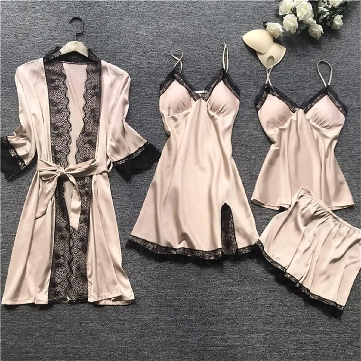 Women's Satin Pajama Set 4Pcs Lace Trim Cami Top Shorts Nightgown Sleepwear Sets Sexy Satin Pjs 4 Pieces with Robe