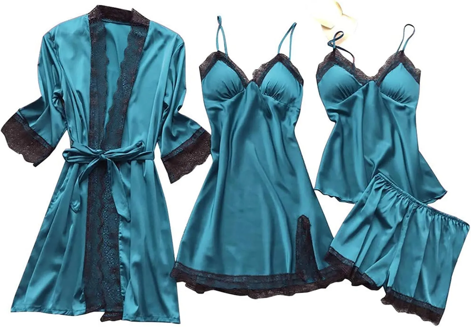 Women's Satin Pajama Set 4Pcs Lace Trim Cami Top Shorts Nightgown Sleepwear Sets Sexy Satin Pjs 4 Pieces with Robe