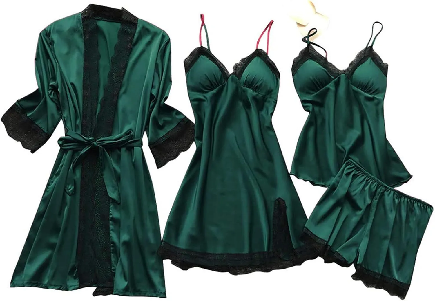 Women's Satin Pajama Set 4Pcs Lace Trim Cami Top Shorts Nightgown Sleepwear Sets Sexy Satin Pjs 4 Pieces with Robe
