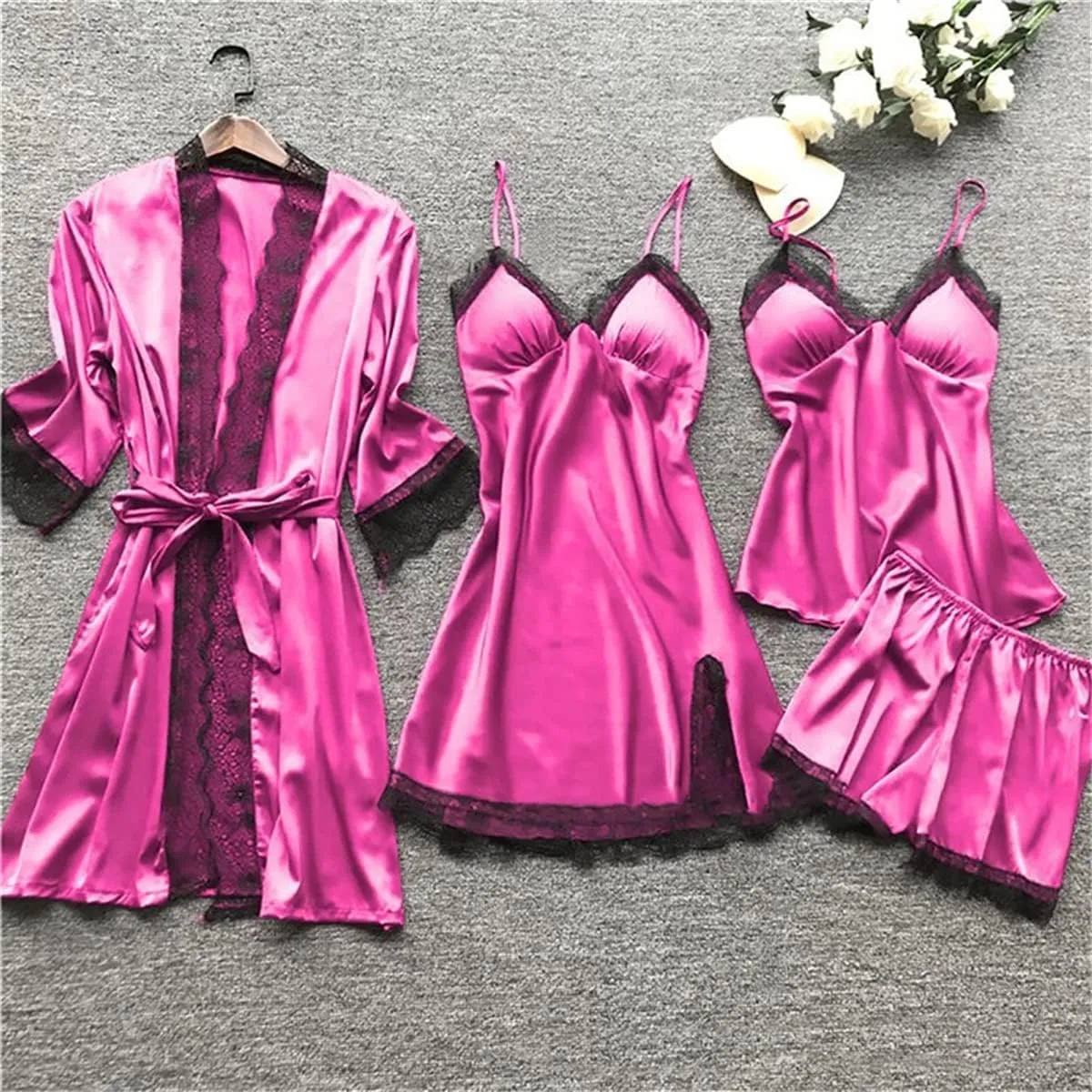 Women's Satin Pajama Set 4Pcs Lace Trim Cami Top Shorts Nightgown Sleepwear Sets Sexy Satin Pjs 4 Pieces with Robe