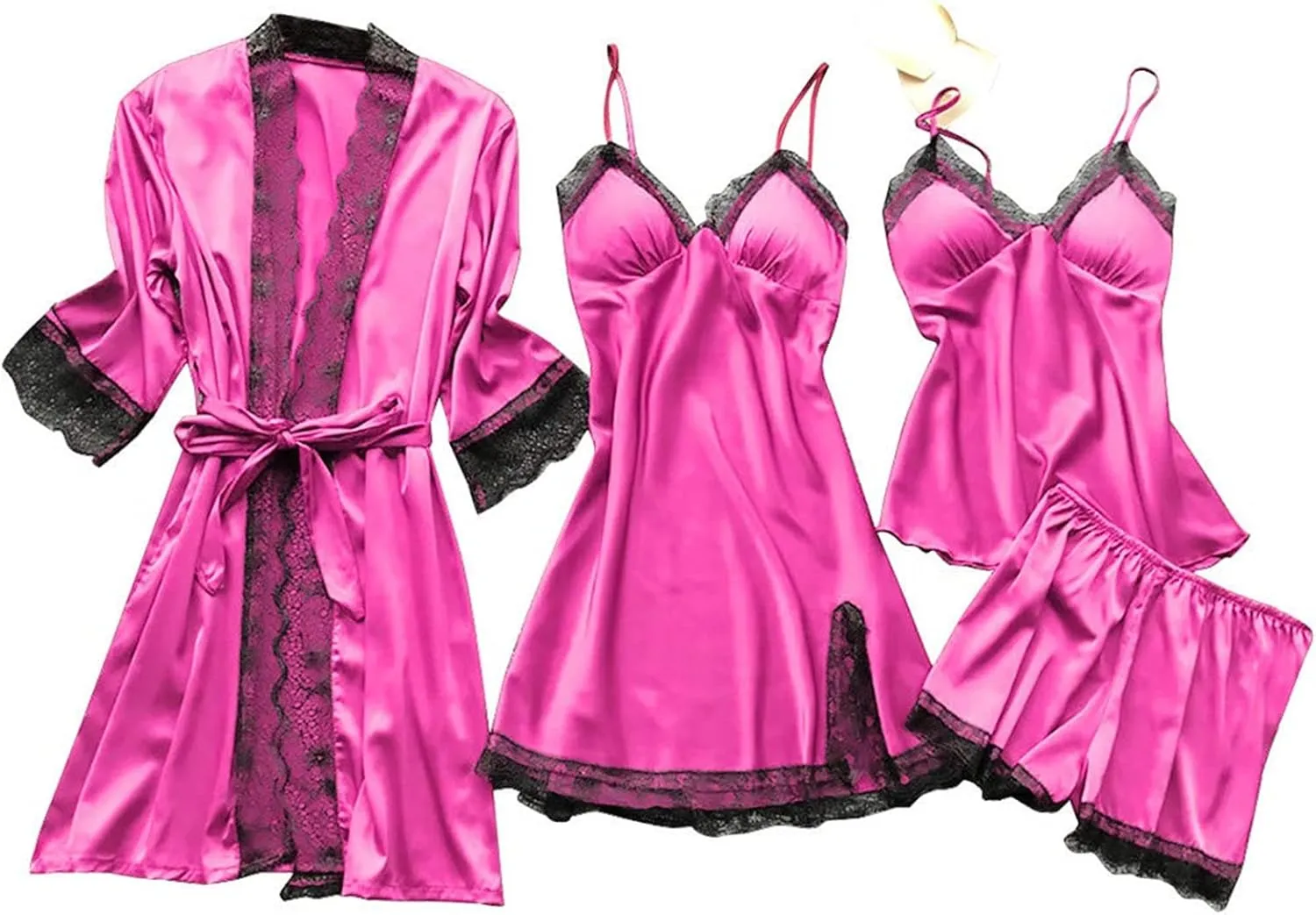 Women's Satin Pajama Set 4Pcs Lace Trim Cami Top Shorts Nightgown Sleepwear Sets Sexy Satin Pjs 4 Pieces with Robe