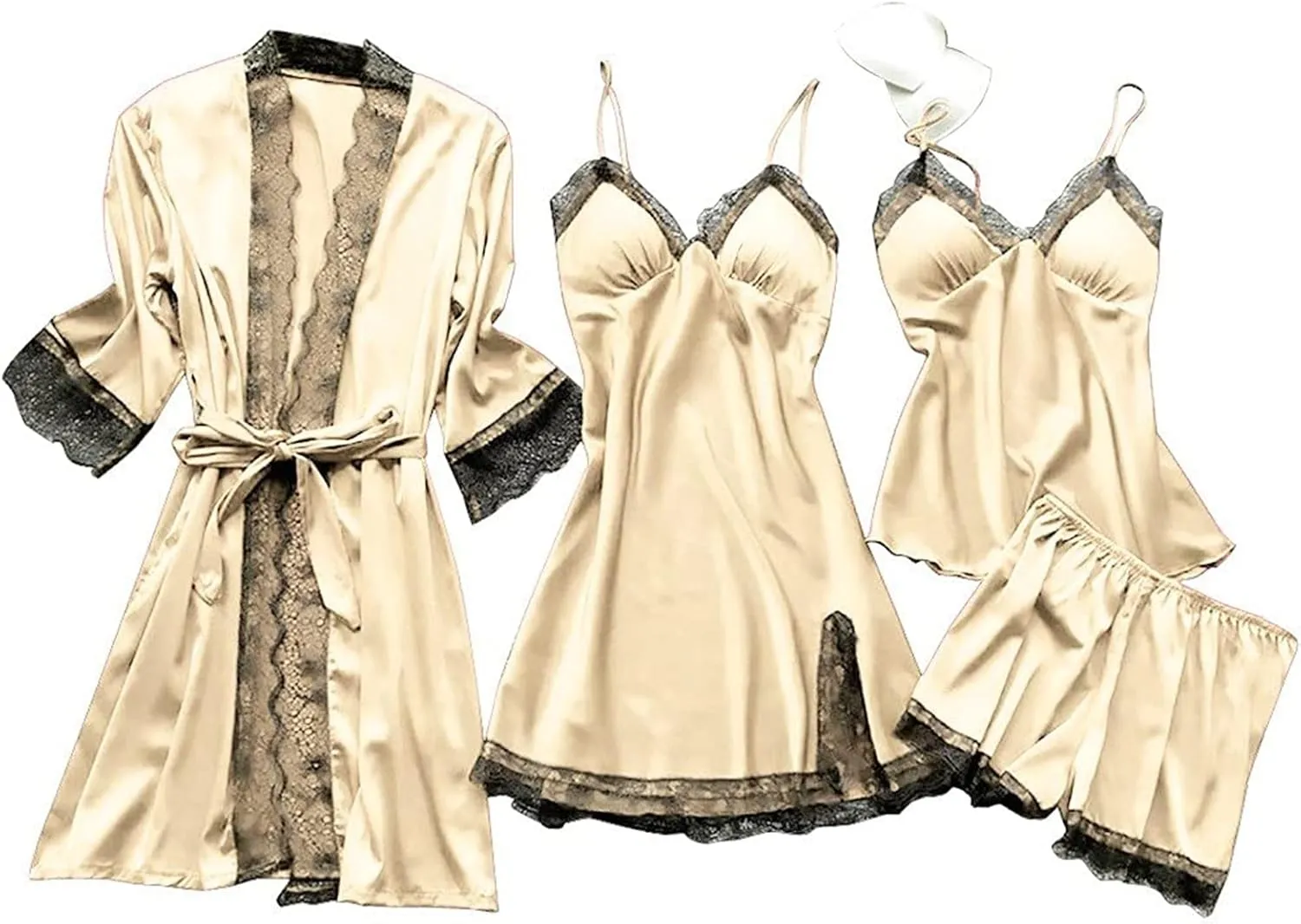 Women's Satin Pajama Set 4Pcs Lace Trim Cami Top Shorts Nightgown Sleepwear Sets Sexy Satin Pjs 4 Pieces with Robe