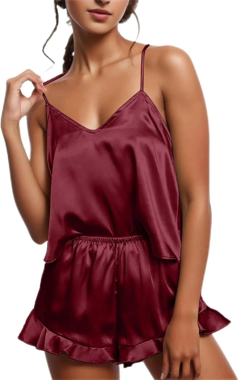 Women's Sexy Silk Satin Ruffled Pajamas Sets Shorts Sets Sleepwear Satin Pajamas Shorts Set Nightwear Pajamas Set