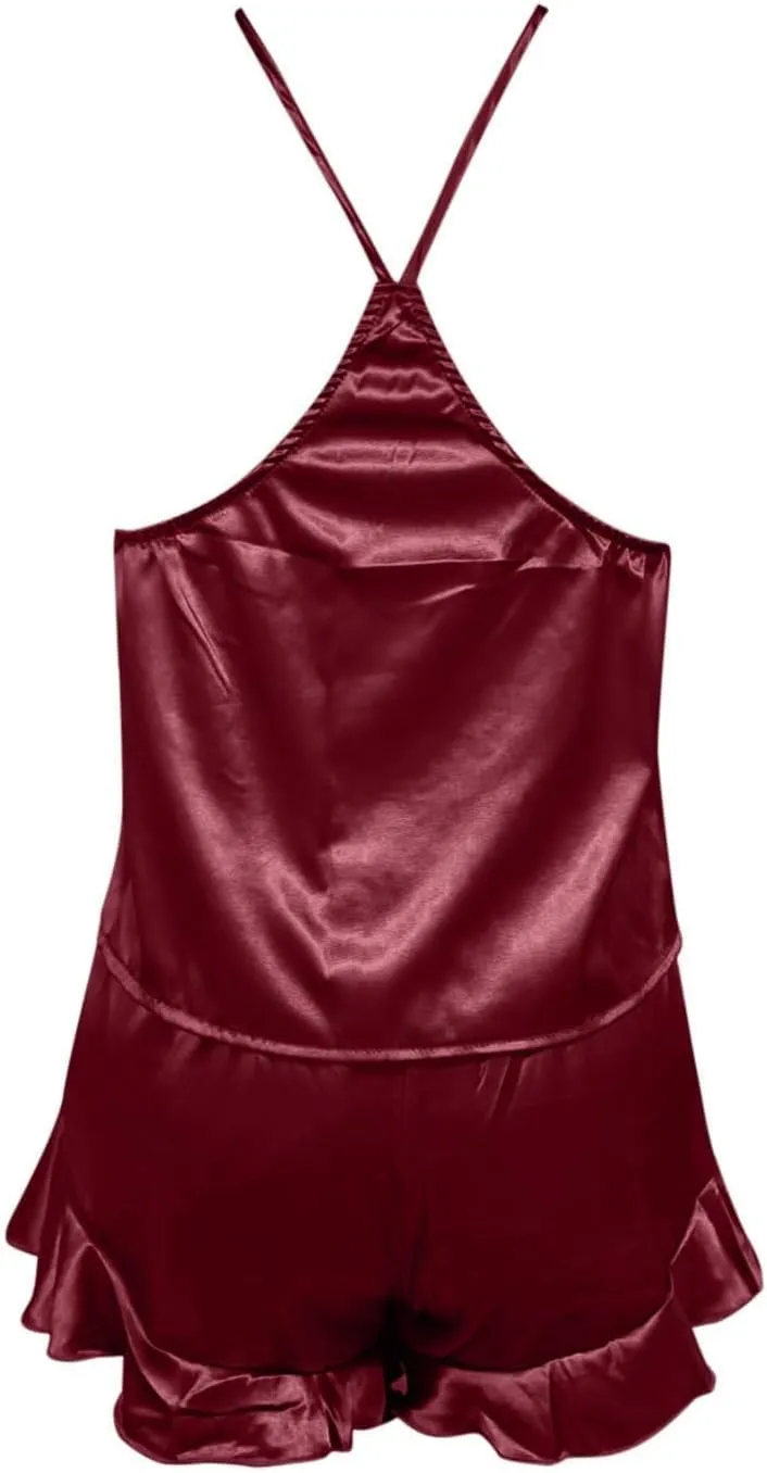 Women's Sexy Silk Satin Ruffled Pajamas Sets Shorts Sets Sleepwear Satin Pajamas Shorts Set Nightwear Pajamas Set