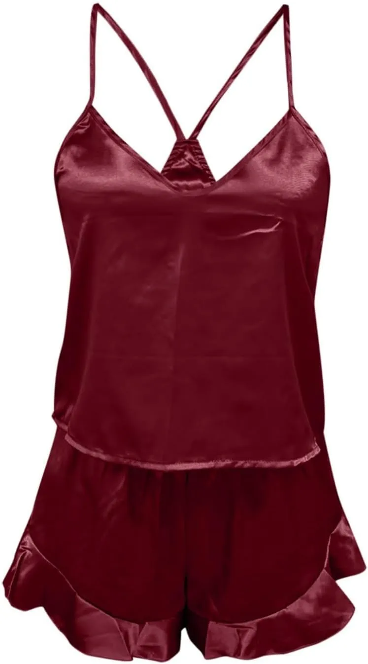 Women's Sexy Silk Satin Ruffled Pajamas Sets Shorts Sets Sleepwear Satin Pajamas Shorts Set Nightwear Pajamas Set