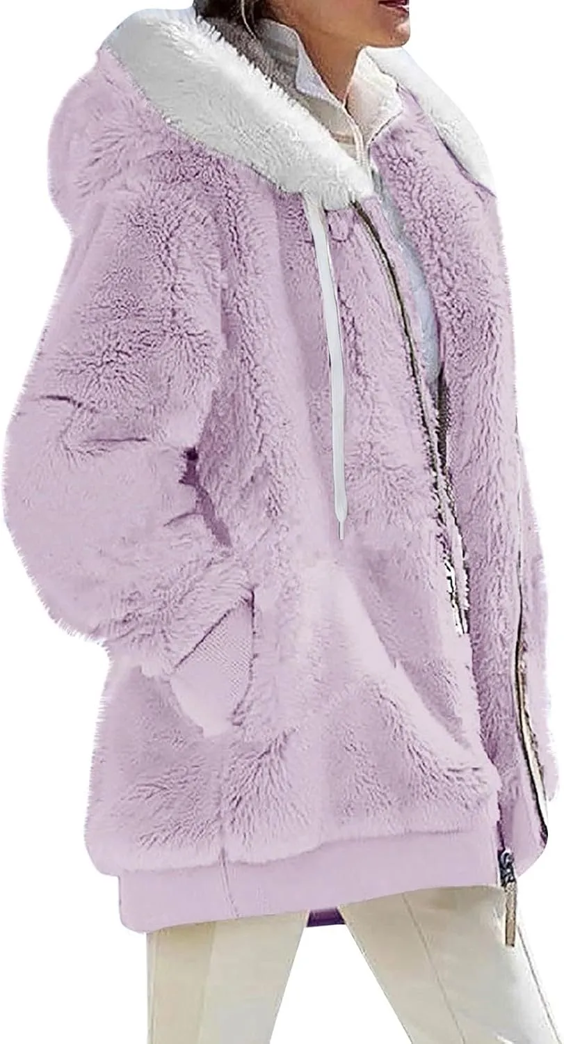 Womens Sherpa Jacket Fuzzy Zip Up Hoodie Oversized Fleece Jackets Fluffy Coat with Pockets