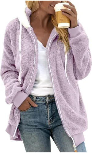 Womens Sherpa Jacket Fuzzy Zip Up Hoodie Oversized Fleece Jackets Fluffy Coat with Pockets