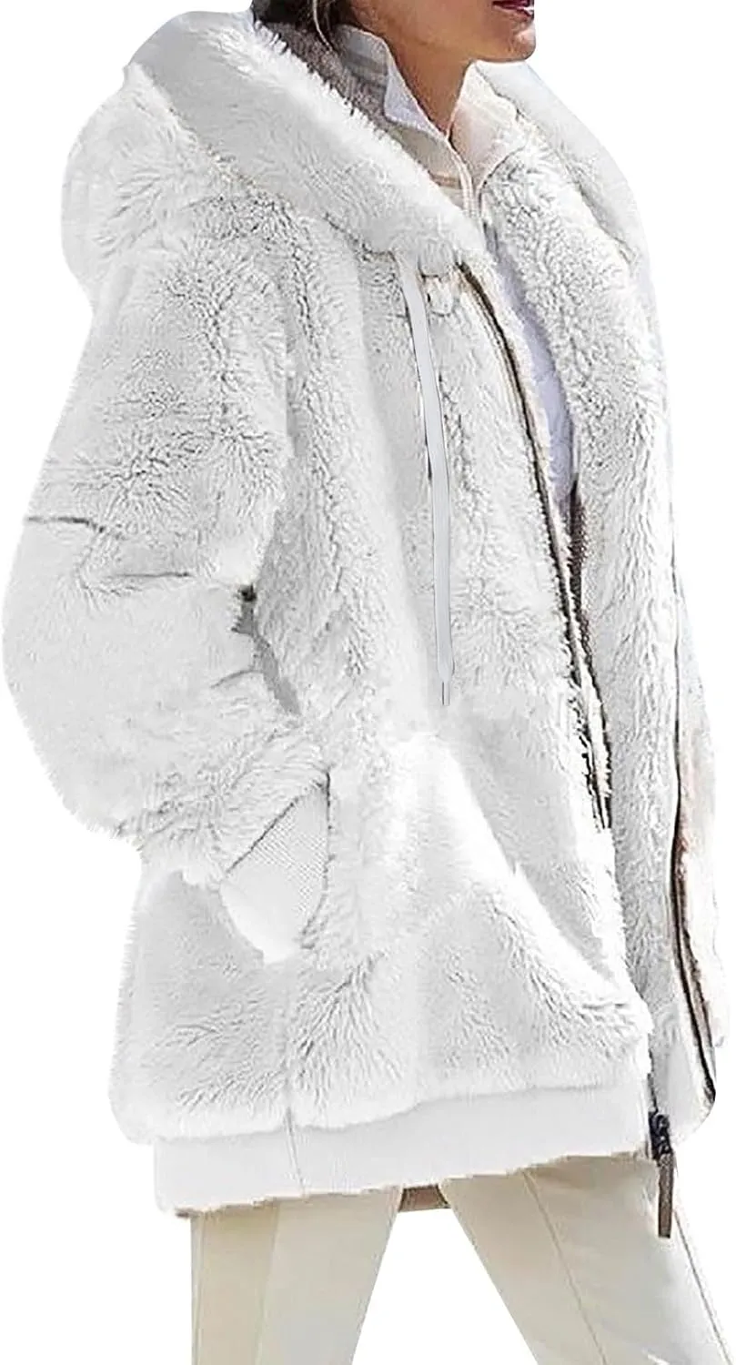 Womens Sherpa Jacket Fuzzy Zip Up Hoodie Oversized Fleece Jackets Fluffy Coat with Pockets