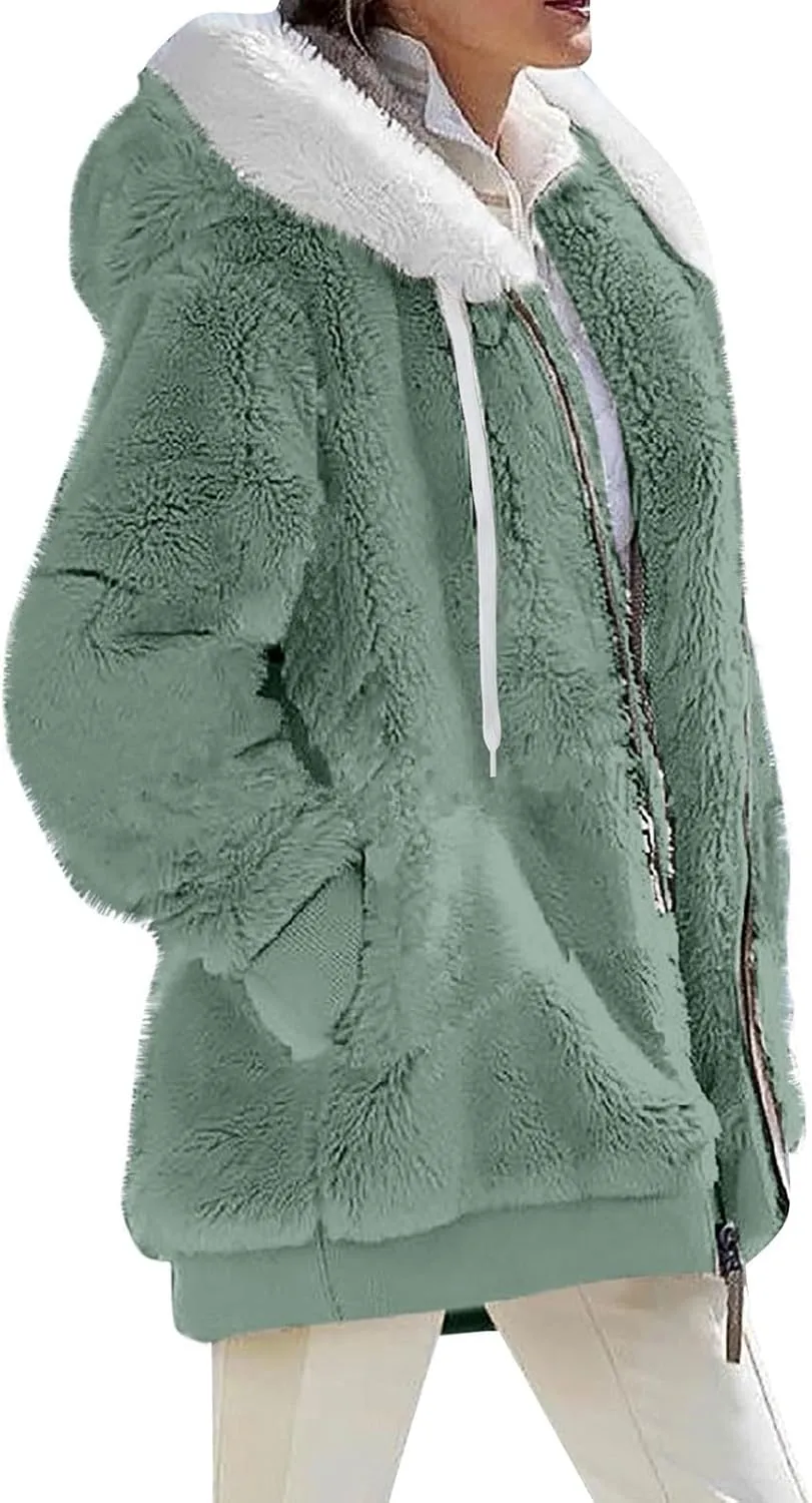 Womens Sherpa Jacket Fuzzy Zip Up Hoodie Oversized Fleece Jackets Fluffy Coat with Pockets