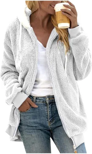 Womens Sherpa Jacket Fuzzy Zip Up Hoodie Oversized Fleece Jackets Fluffy Coat with Pockets