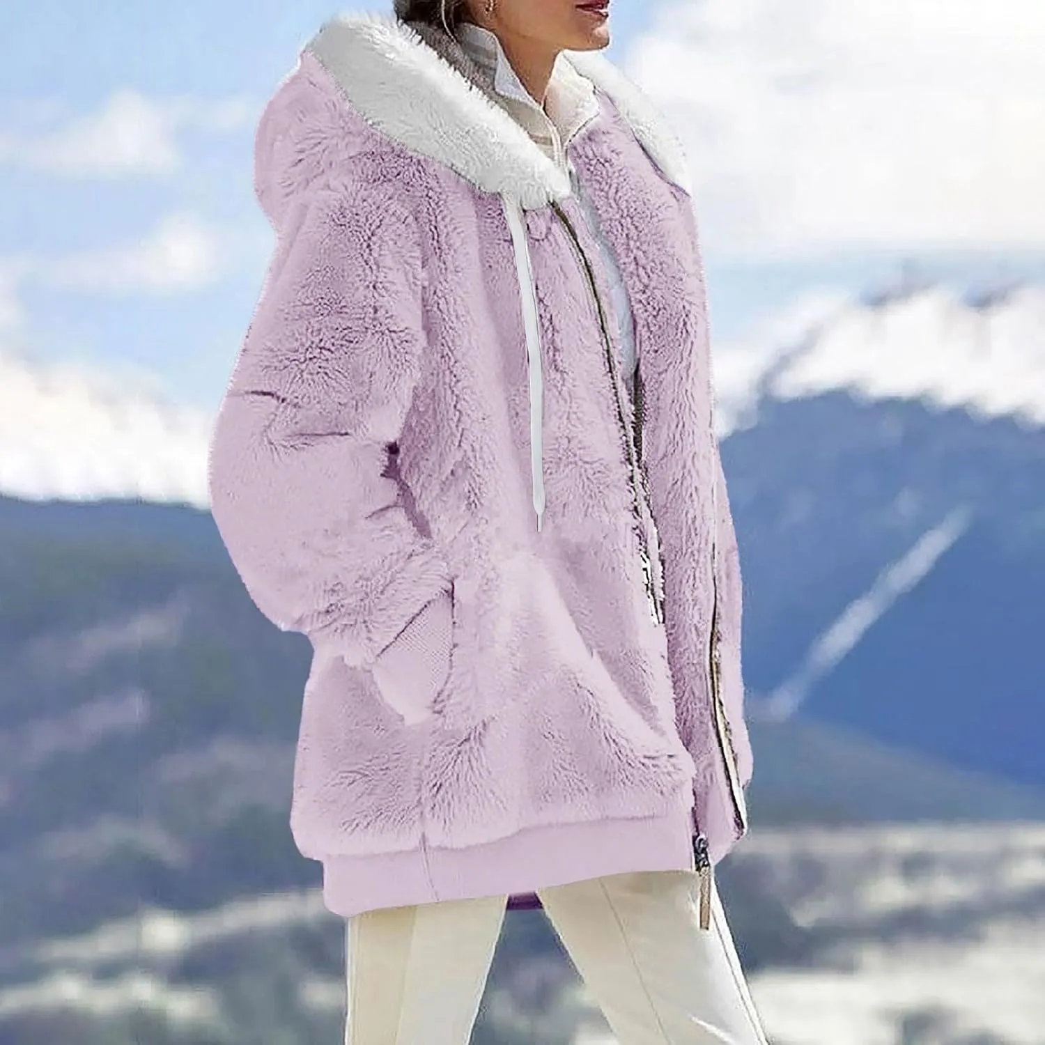 Womens Sherpa Jacket Fuzzy Zip Up Hoodie Oversized Fleece Jackets Fluffy Coat with Pockets