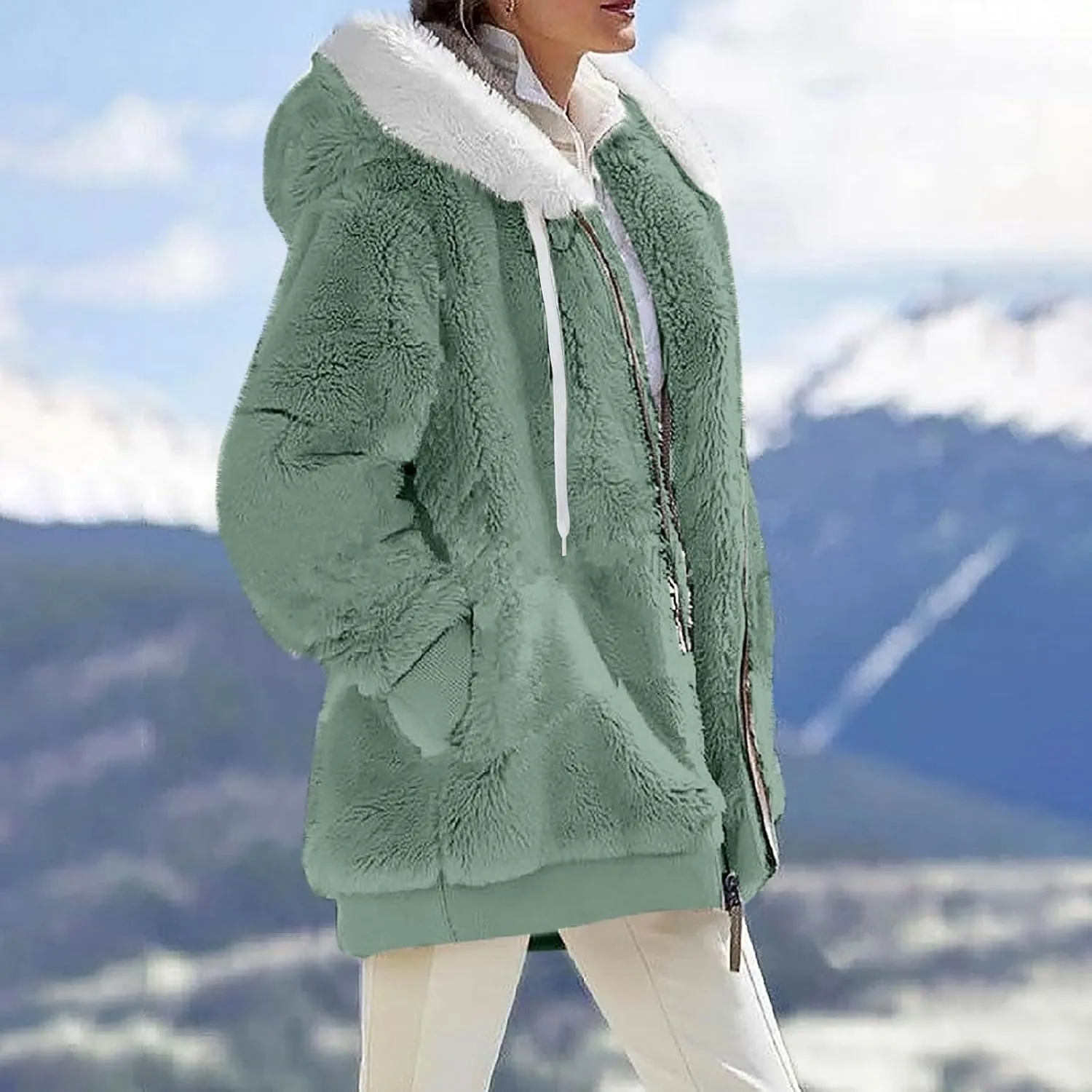 Womens Sherpa Jacket Fuzzy Zip Up Hoodie Oversized Fleece Jackets Fluffy Coat with Pockets