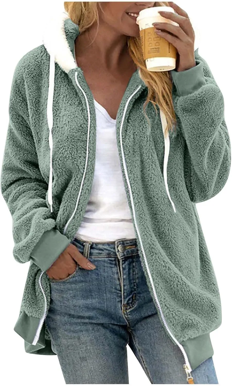Womens Sherpa Jacket Fuzzy Zip Up Hoodie Oversized Fleece Jackets Fluffy Coat with Pockets