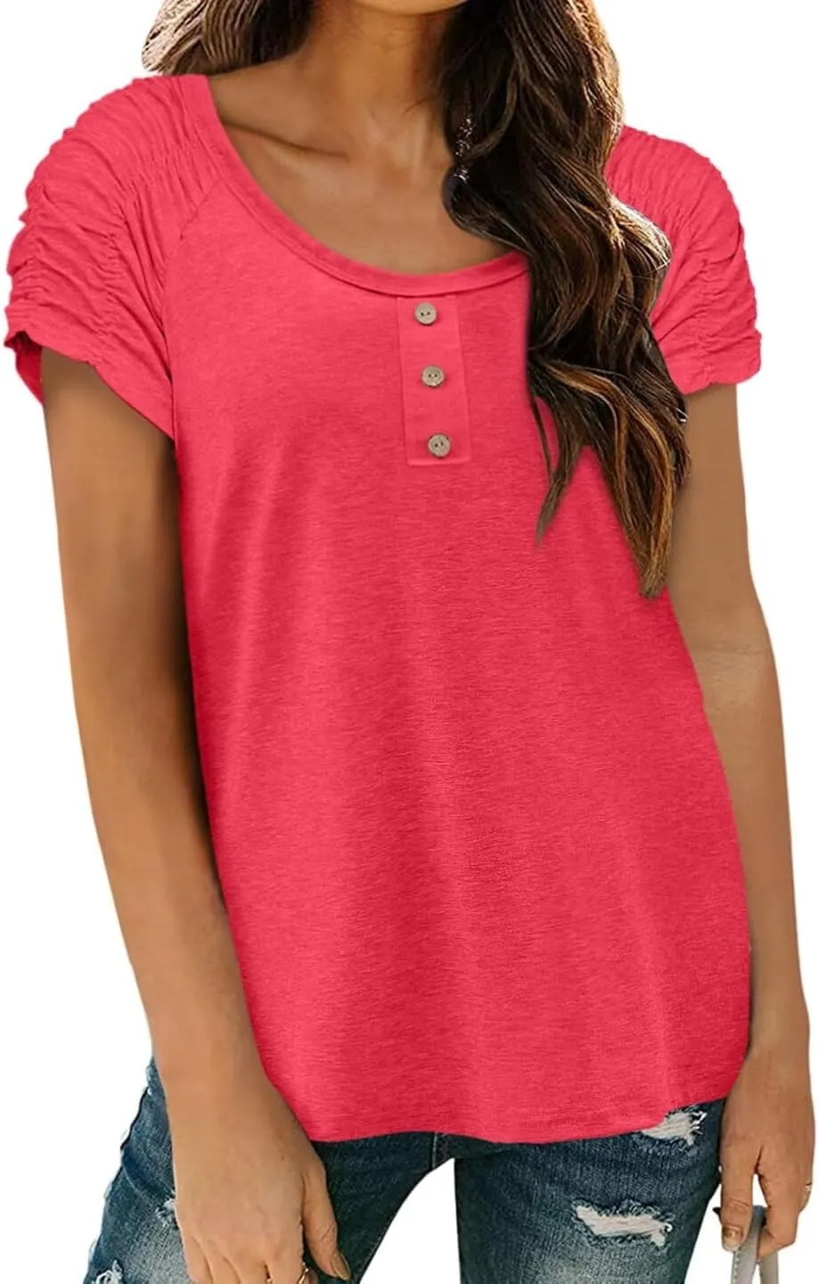 Womens Short Sleeve Tops Casual Solid Color Ladies Summer Shirts Dressy Plus Size T Shirts