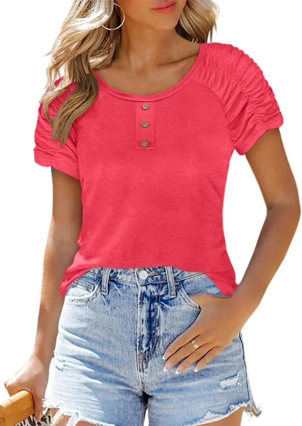 Womens Short Sleeve Tops Casual Solid Color Ladies Summer Shirts Dressy Plus Size T Shirts