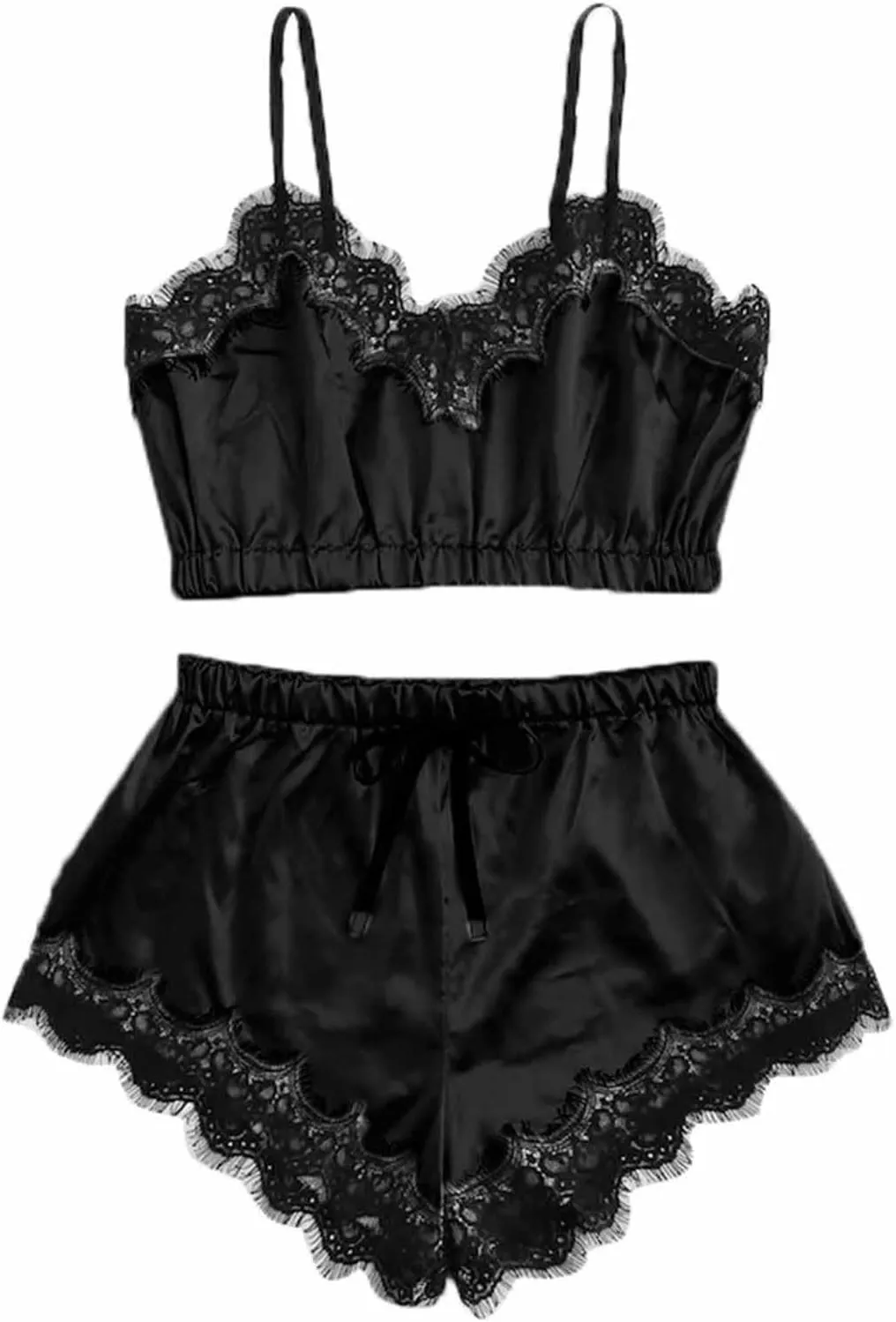 Womens Silky Pajama Sets 2 Piece Outfits Summer Sexy Lace Trim Cami Tops Shorts Soft Cute Camisole Lingerie Sleepwear