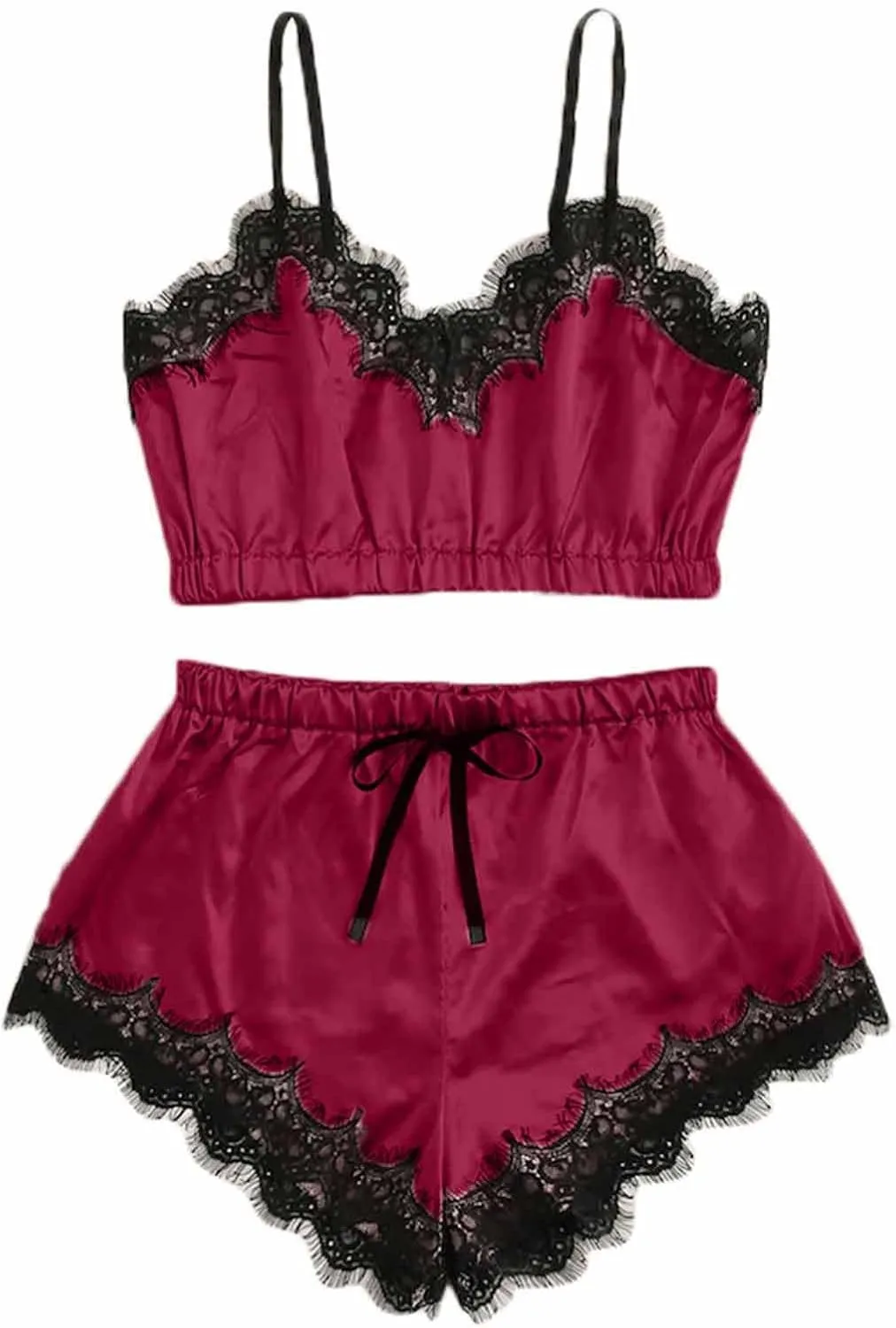 Womens Silky Pajama Sets 2 Piece Outfits Summer Sexy Lace Trim Cami Tops Shorts Soft Cute Camisole Lingerie Sleepwear