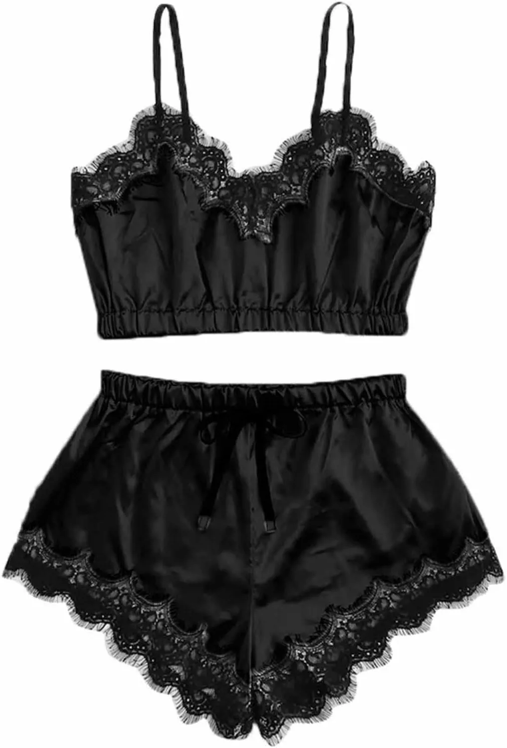 Womens Silky Pajama Sets 2 Piece Outfits Summer Sexy Lace Trim Cami Tops Shorts Soft Cute Camisole Lingerie Sleepwear