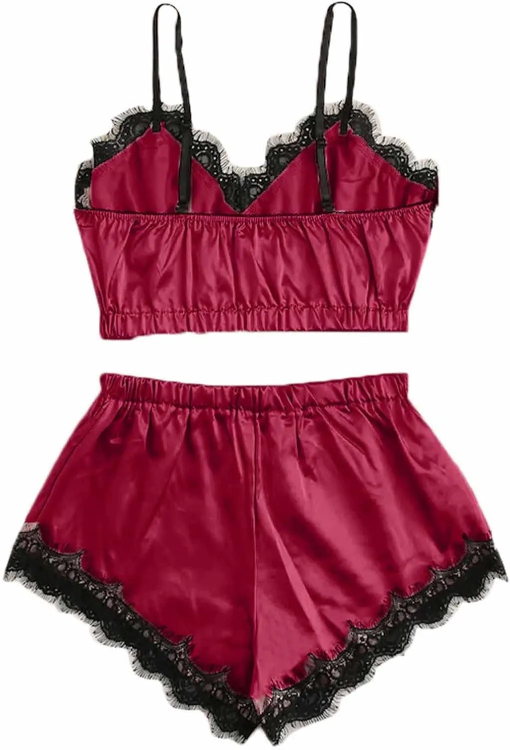 Womens Silky Pajama Sets 2 Piece Outfits Summer Sexy Lace Trim Cami Tops Shorts Soft Cute Camisole Lingerie Sleepwear