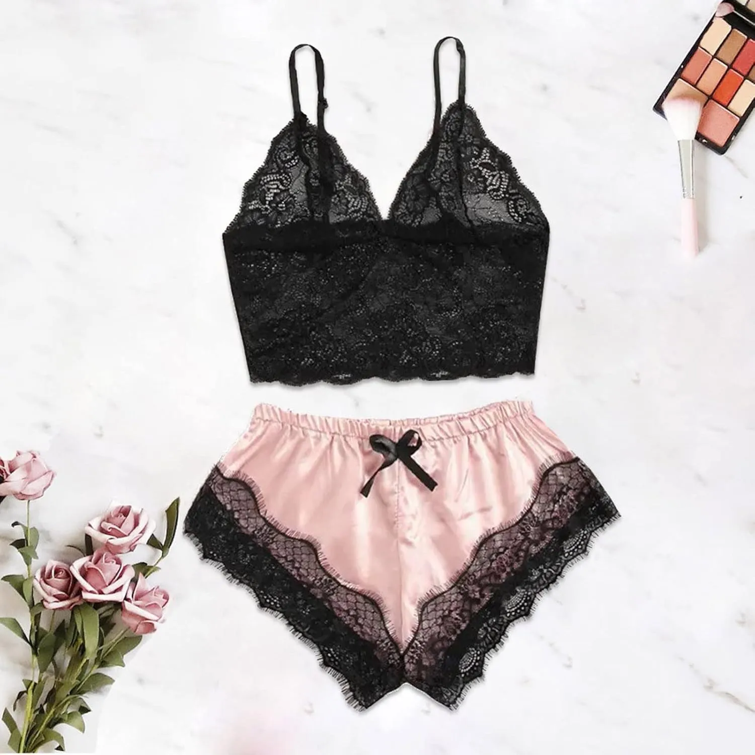 Womens Silky Pajama Sets 2 Piece Outfits Summer Sexy Lace Trim Cami Tops Shorts Soft Cute Camisole Lingerie Sleepwear