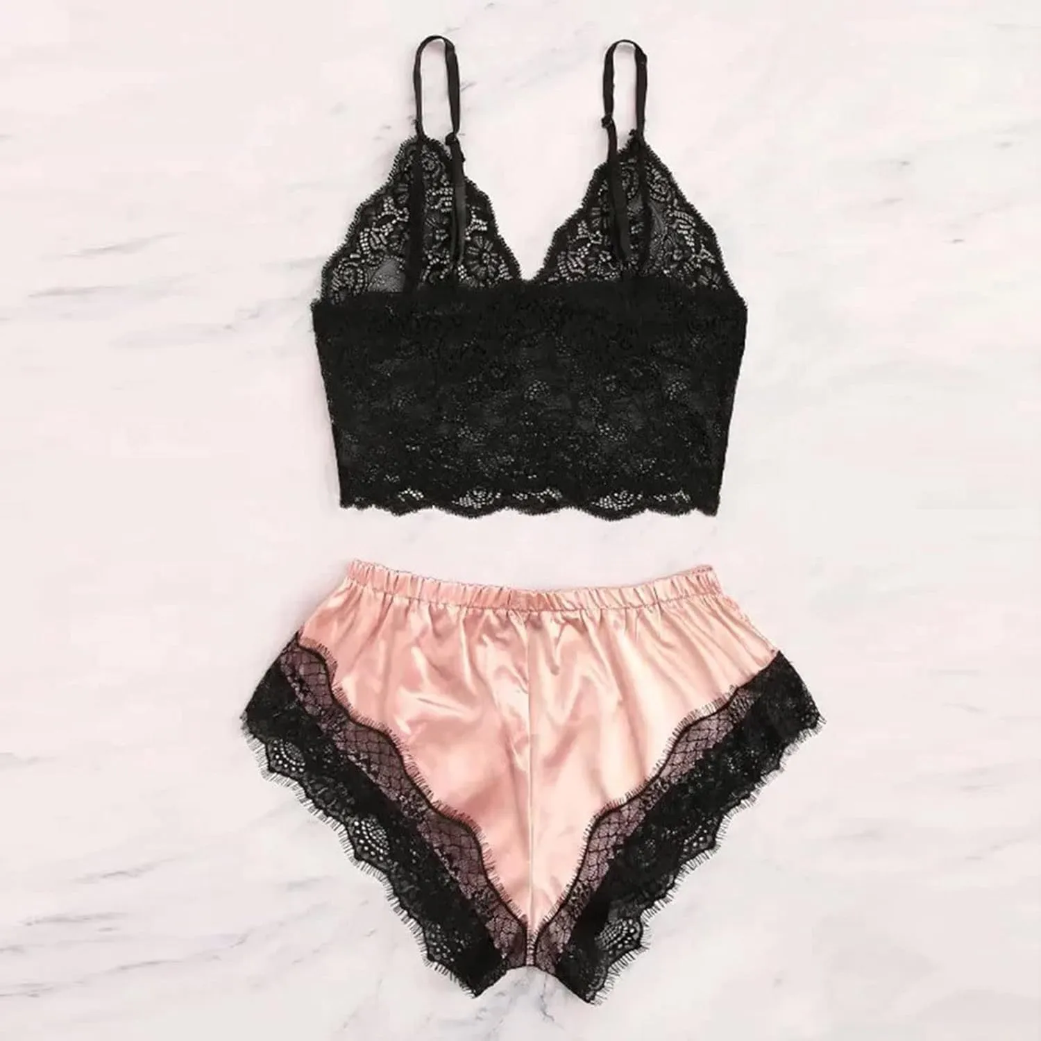 Womens Silky Pajama Sets 2 Piece Outfits Summer Sexy Lace Trim Cami Tops Shorts Soft Cute Camisole Lingerie Sleepwear