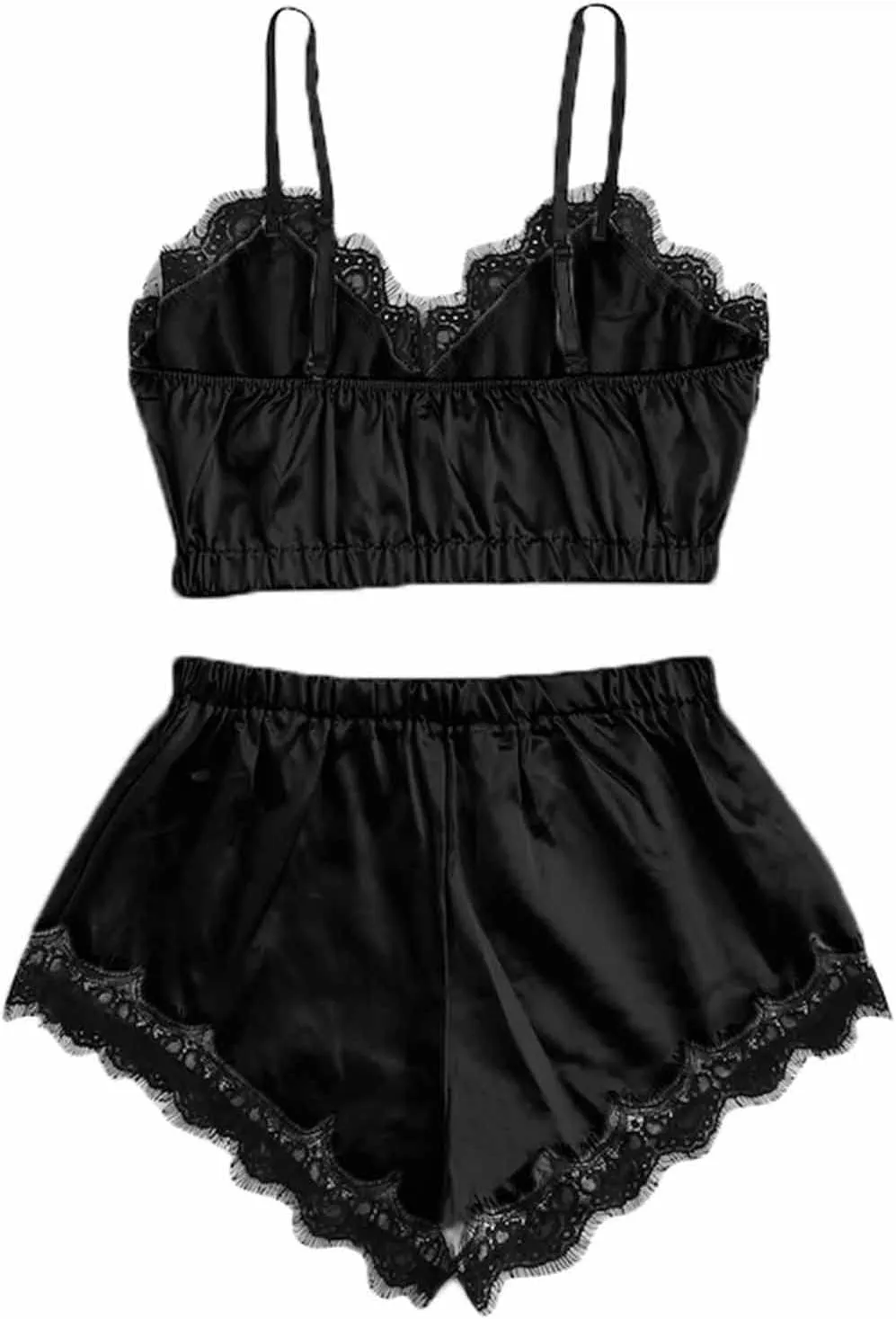 Womens Silky Pajama Sets 2 Piece Outfits Summer Sexy Lace Trim Cami Tops Shorts Soft Cute Camisole Lingerie Sleepwear