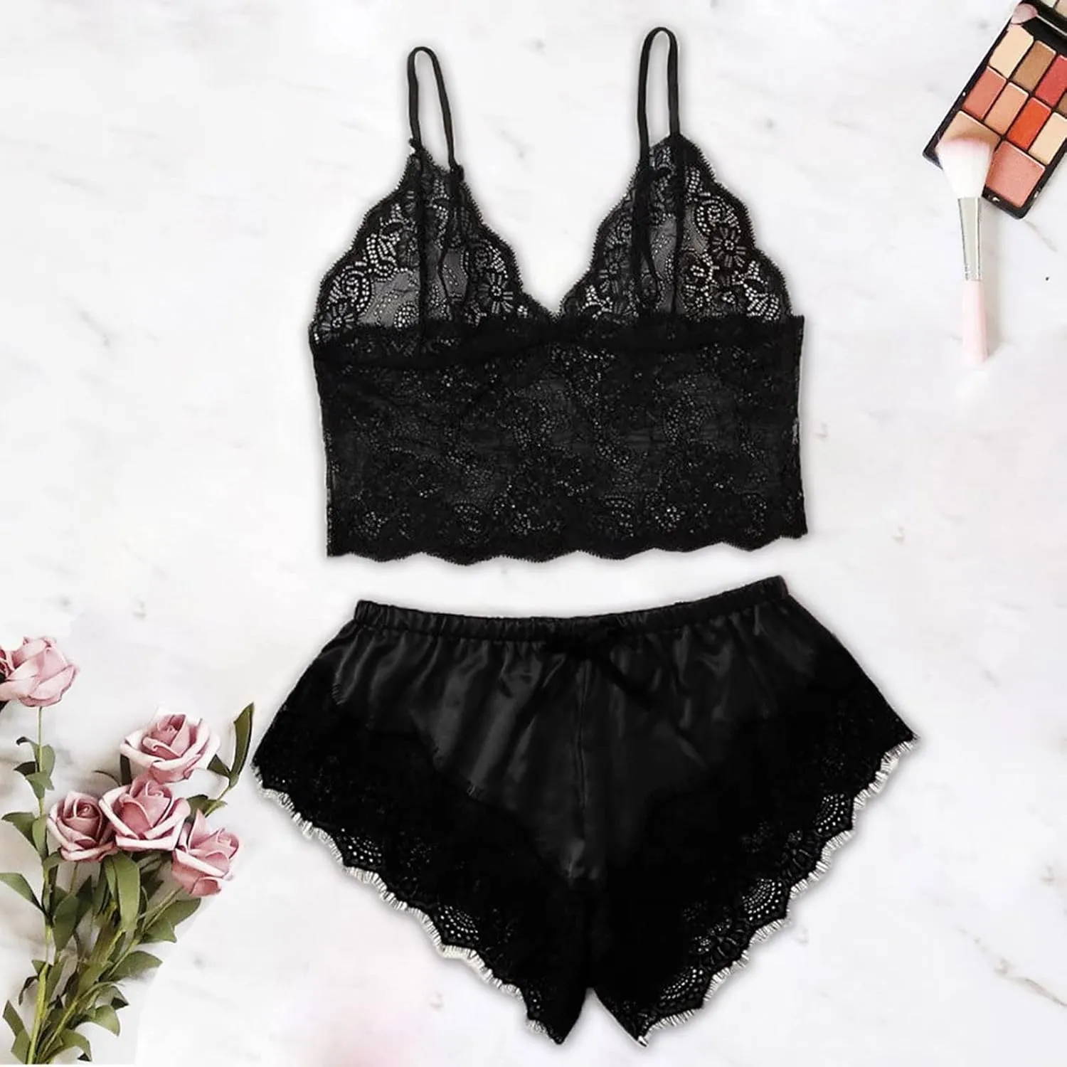 Womens Silky Pajama Sets 2 Piece Outfits Summer Sexy Lace Trim Cami Tops Shorts Soft Cute Camisole Lingerie Sleepwear