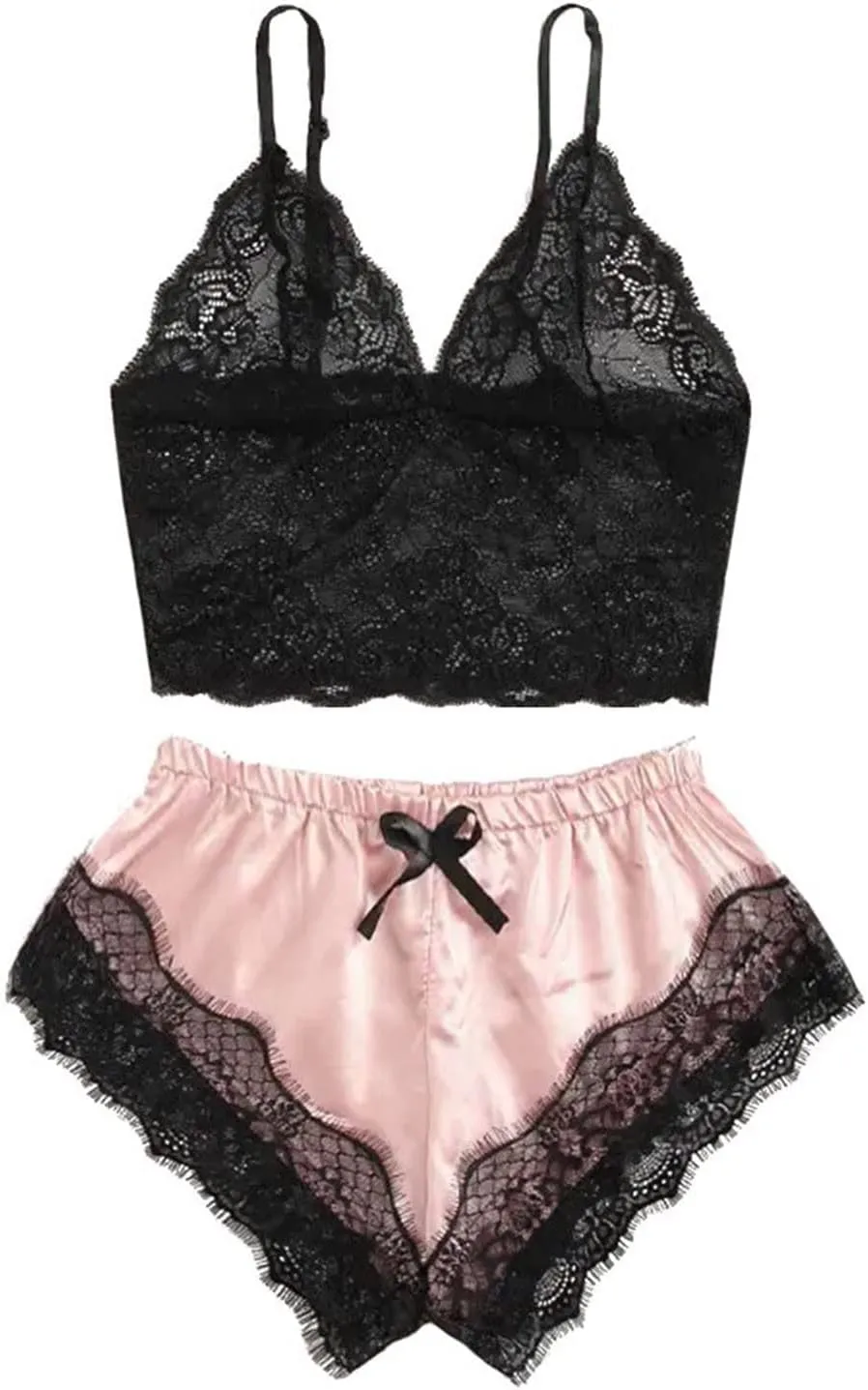 Womens Silky Pajama Sets 2 Piece Outfits Summer Sexy Lace Trim Cami Tops Shorts Soft Cute Camisole Lingerie Sleepwear