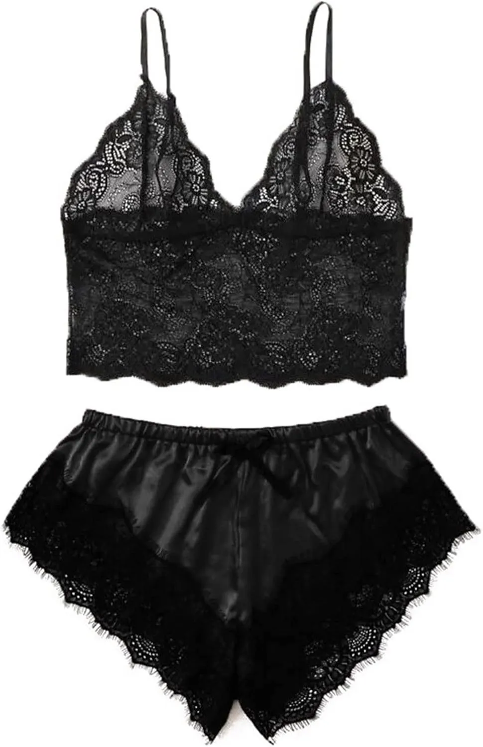 Womens Silky Pajama Sets 2 Piece Outfits Summer Sexy Lace Trim Cami Tops Shorts Soft Cute Camisole Lingerie Sleepwear